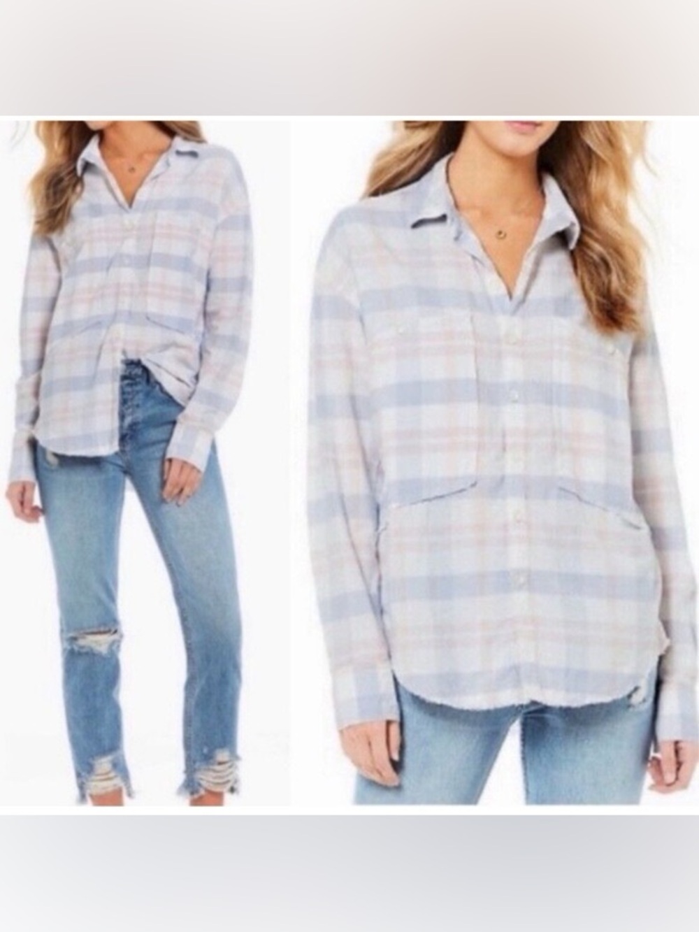 Free People Loveland Plaid Button Down Shirt in Pastel Purple and Pink, Medium